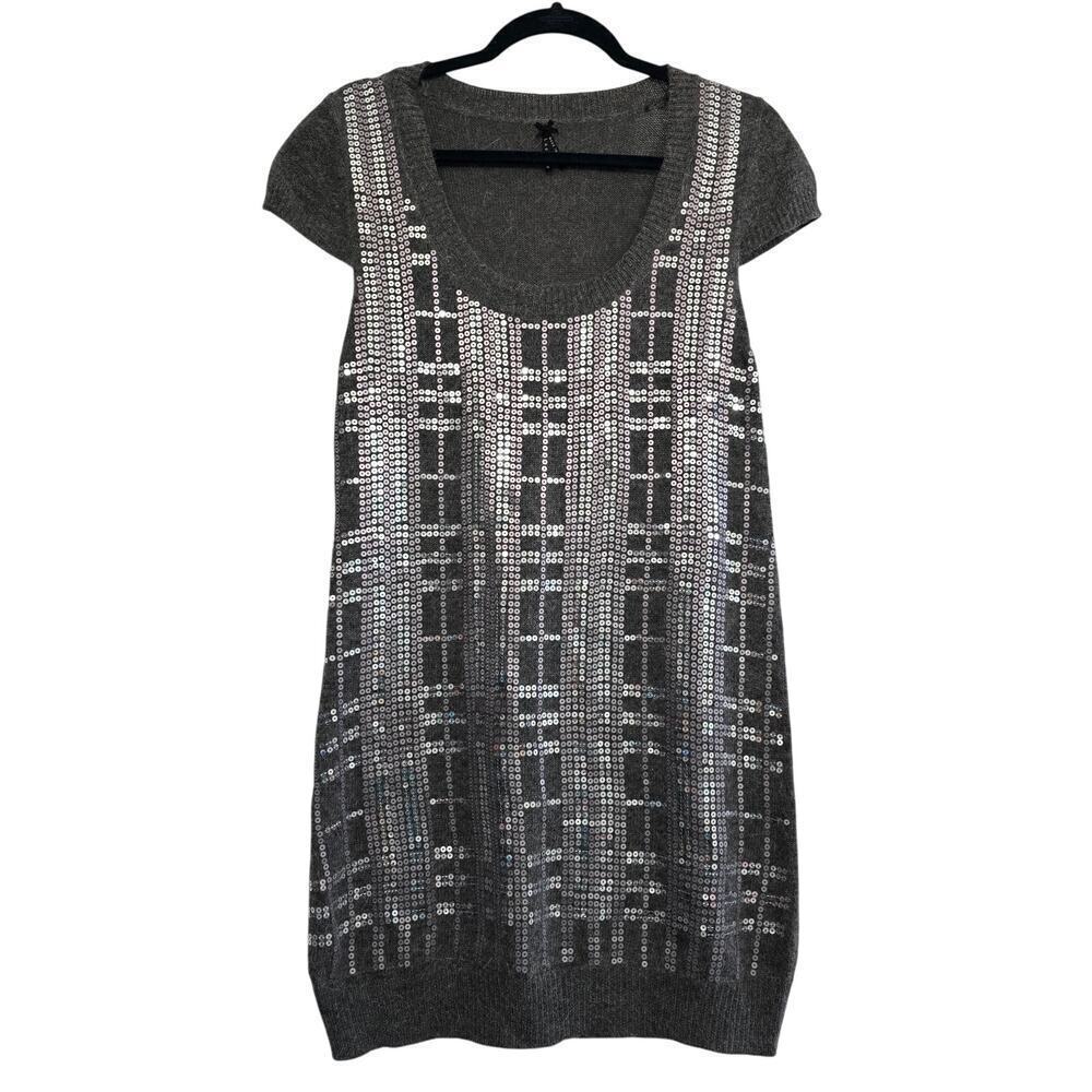 Women's Sequin Sweater Dress S Gray Wool Angora Y2K Holiday Party Glam Sparkly